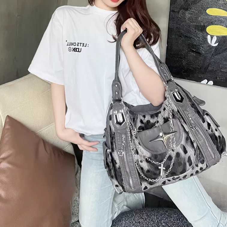 Grey Leopard Print Hangbag Cross Star Subculture Y2k Shoulder Bags Hot Girl Tote Large Capacity Portable Messenger Bag 2024 NewW251111