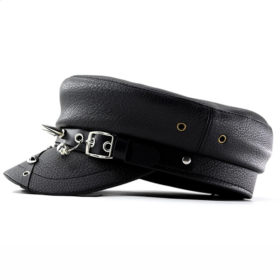 Womens Trendy Beret Black Pu Leather Flat Top Captain Military Caps Womens Accessories 250403