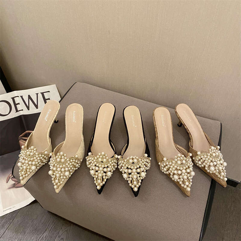 Product 2025 New Fashionable Pointed Pearl Half Dragged Thin Cool Dragging Women's Shoes, Size 42 Baotou Middle Heel Slippers
