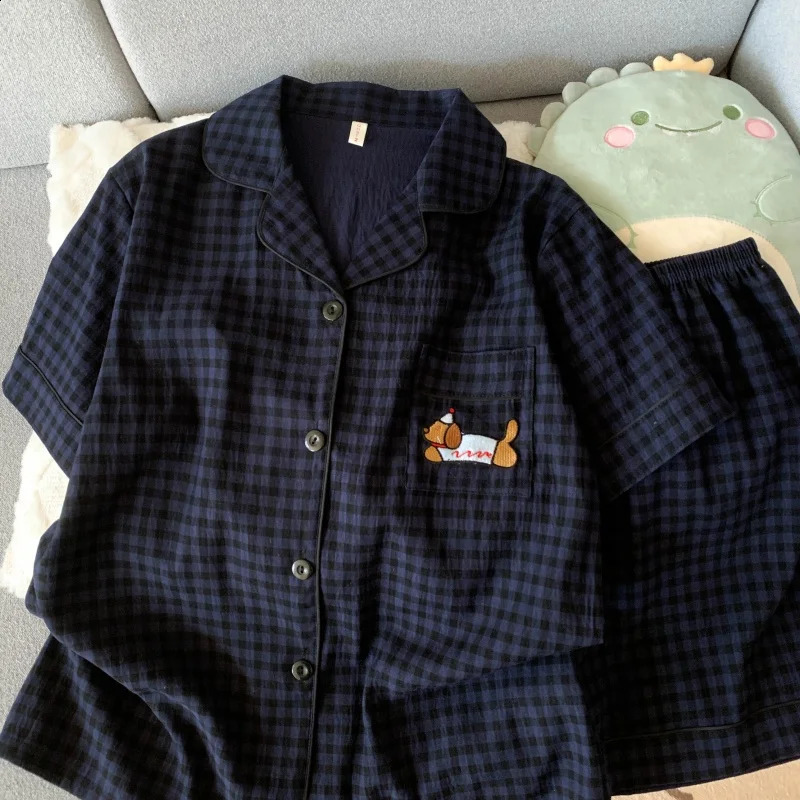Embroidery Dog Sweet Fashion Cute Pajamas Set for Women Plaid Lapel Neck Elastic Waist n Pajamas Short Casual Nightwear 250411