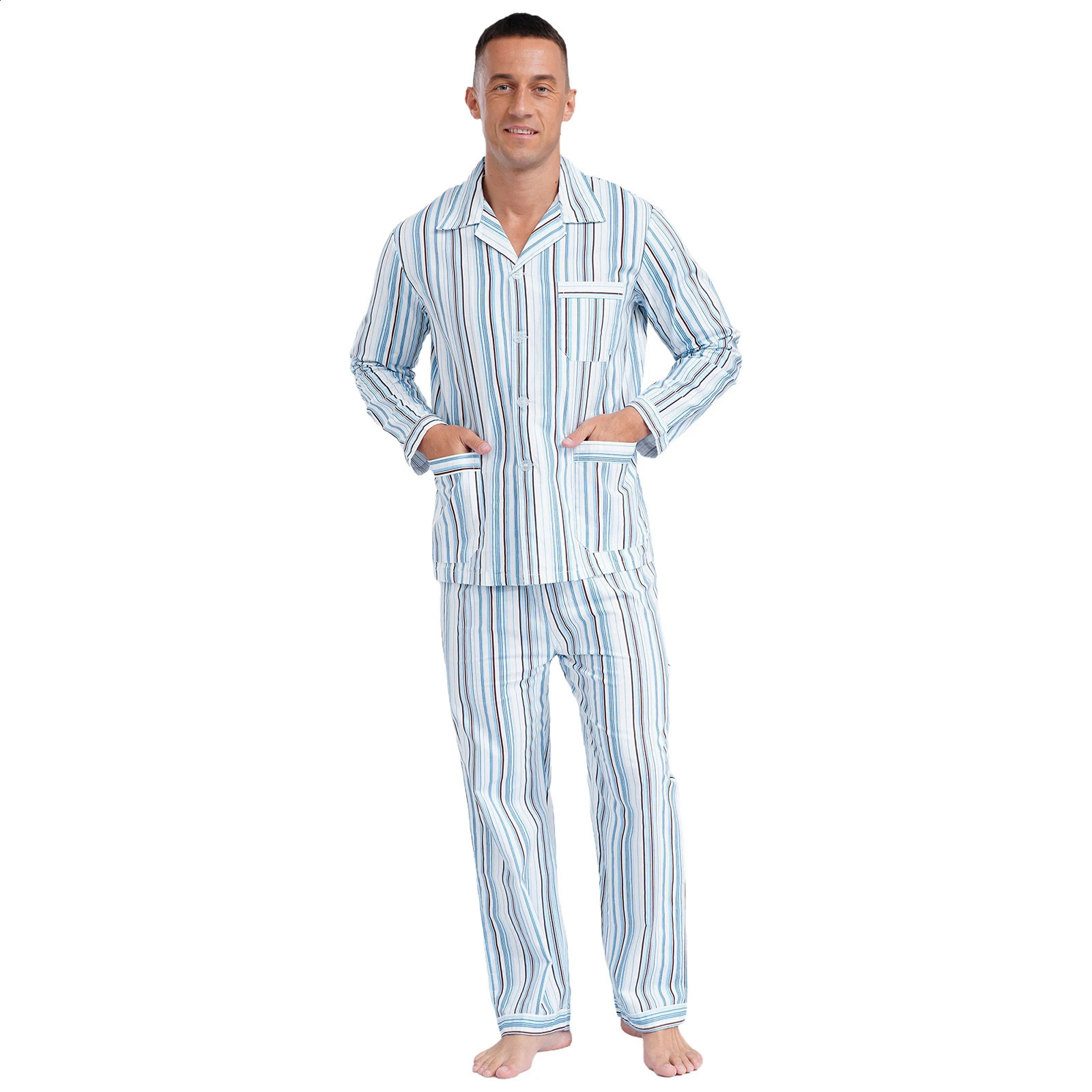 Mens cotton soft striped pajama set casual wear long sleeved button down sweater and pants set 250411
