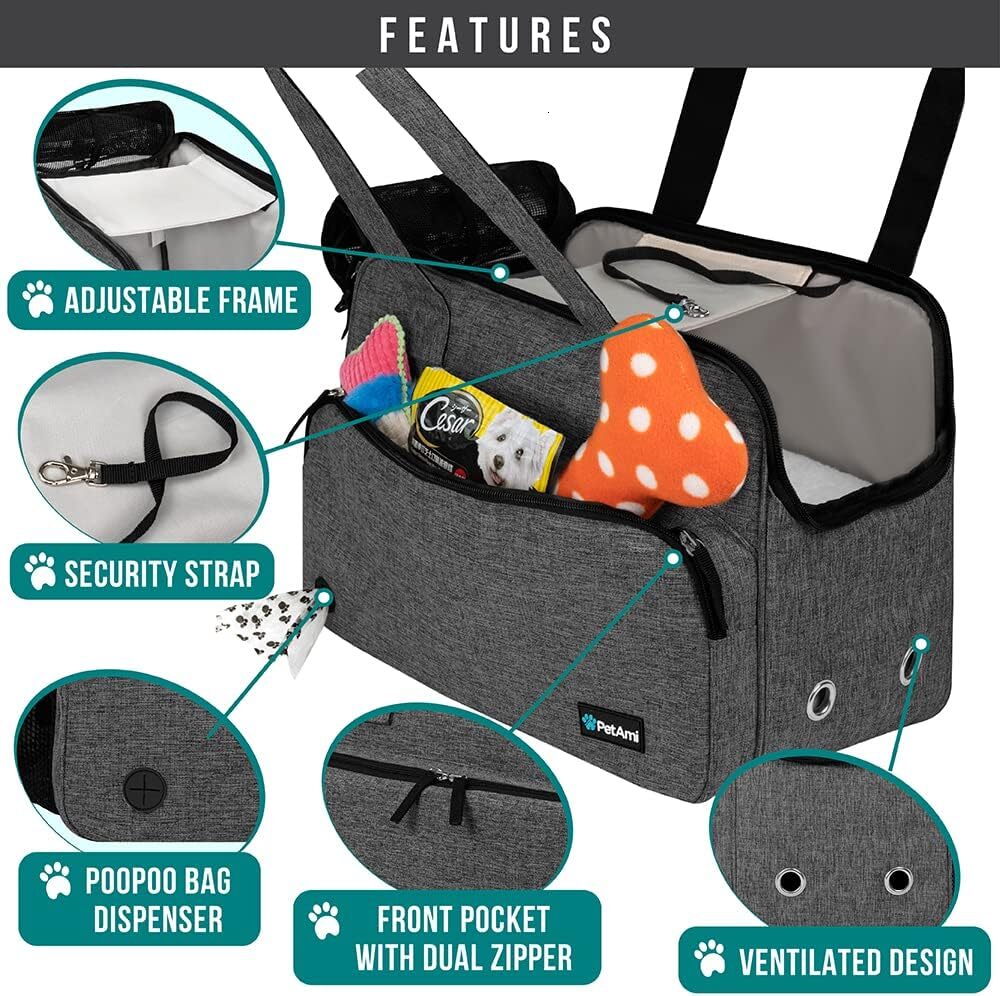 PetAmi Small Dog Wallet Strap, Soft Edge Pet Tote Bag with Pocket, Portable Kitten Travel Tote, Airline Approved Breathable Mesh, Fecal Bag Dispenser,
