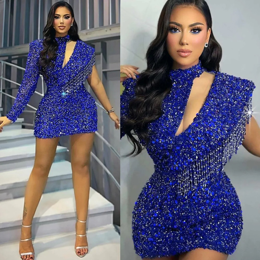 2025 Plus Size Royal Blue Cocktail Dresses for Women Short Prom Dresses High Neck Long Sleeves Beading Birthday Party Dress for African Girls Special 