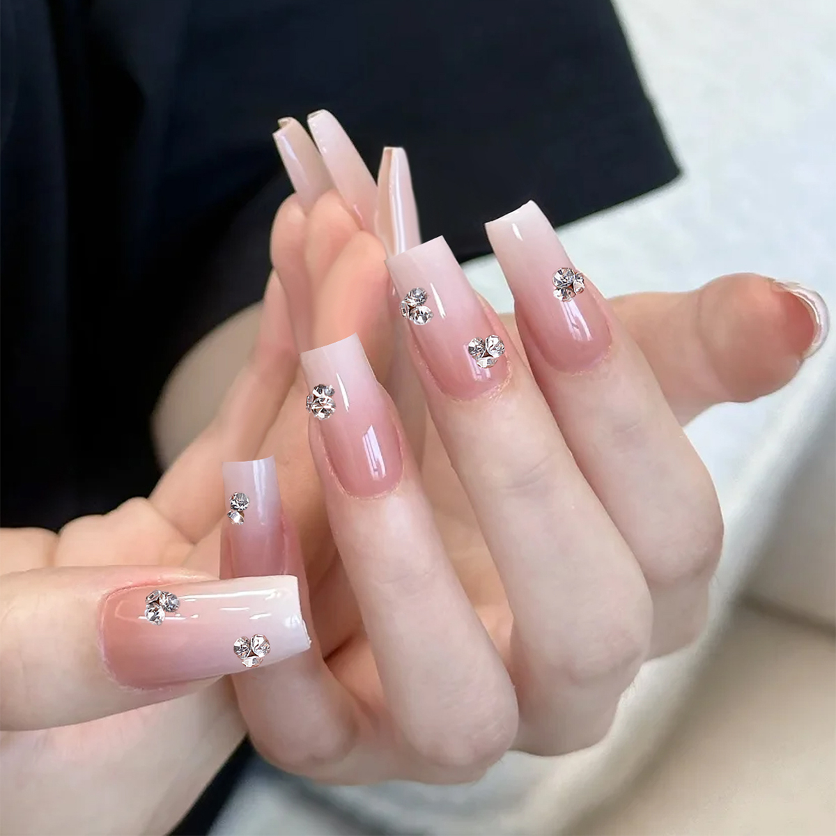 Gradient White Acrylic Press-On Nails - Set of 32 Long Coffin Shaped Nail Strips with Sparkling Diamonds