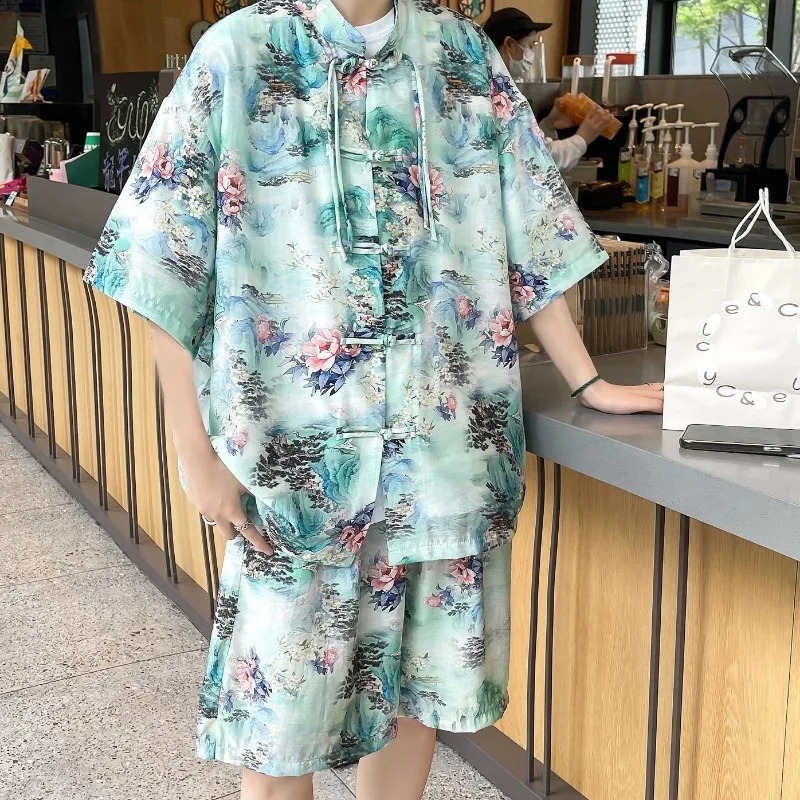 Chinese Style Casual Sets Men Summer Loose Set Short Shirts Shorts Plus Size 5XL Men Fashion Print Tracksuits Mens Clothing 250407