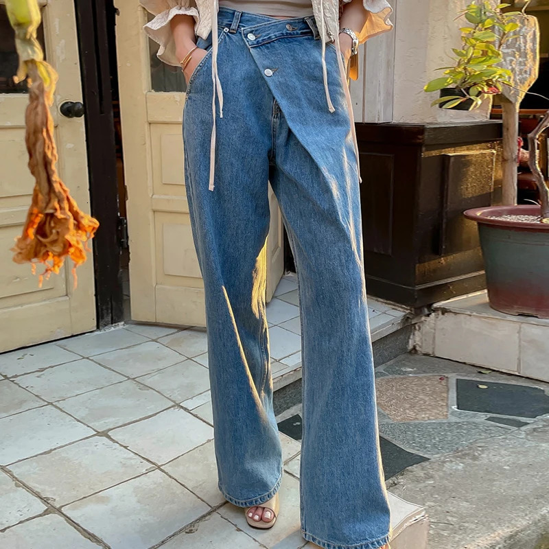 High Waist Wide Leg Jeans Womens Autumn Vintage Chic Asymmetrical Bule Long Pants Versatile Faionable Deep Color Z260313