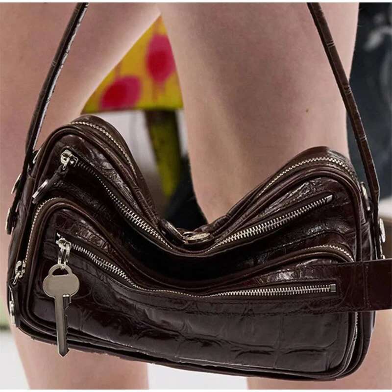 Vintage Genuine Leather Small Square Fashion Metal Key Design Women Handbag Y2k Versatile Zipper Ladies Shoulder Bag
