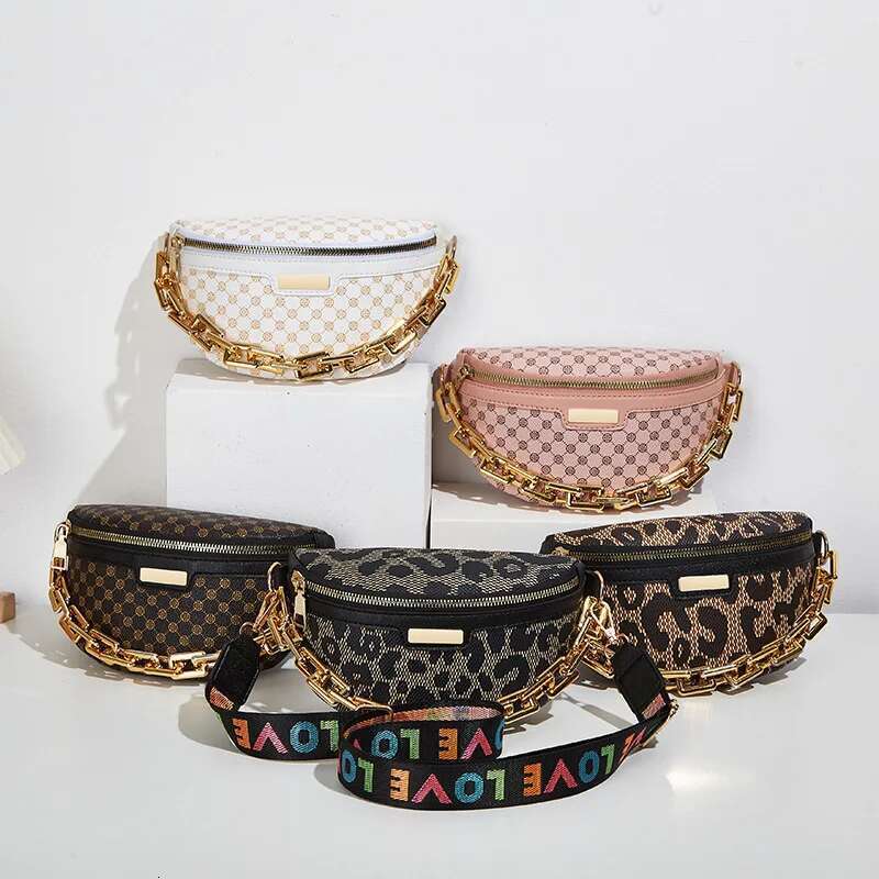 Simple chest leopard hoop print, belt bag, metal chain shoulder women handbags ladies hand bags crossbody bag