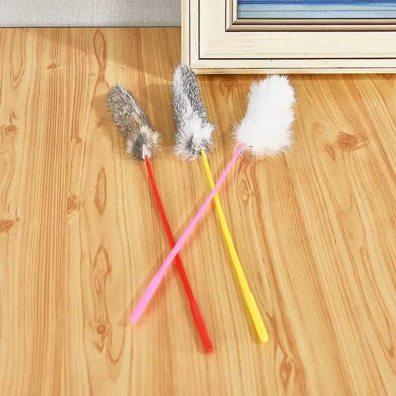 3 random colored teasing cat sticks artificial rabbit fur fluffy pet interaction sticks cat game training toys pet supplies Y250412