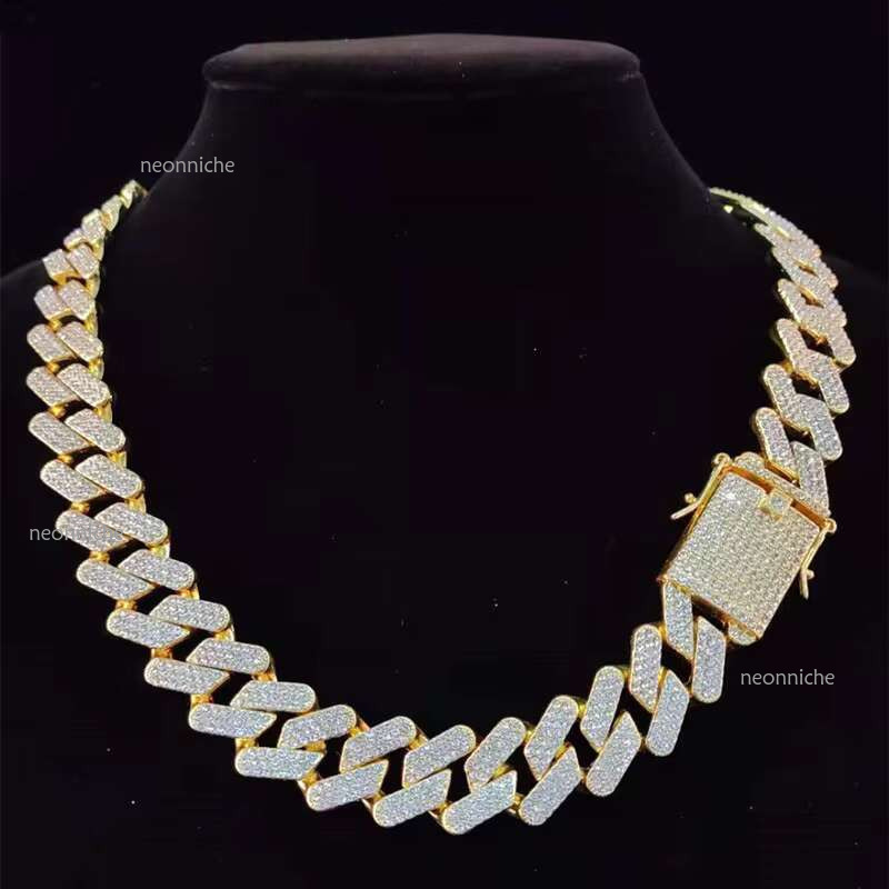 2025 New Trendy Fashion Jewelry 10mm 14mm Tow Rows Moissanite Men's Hip Hop Gold Plated Cuban k Chain Necklace