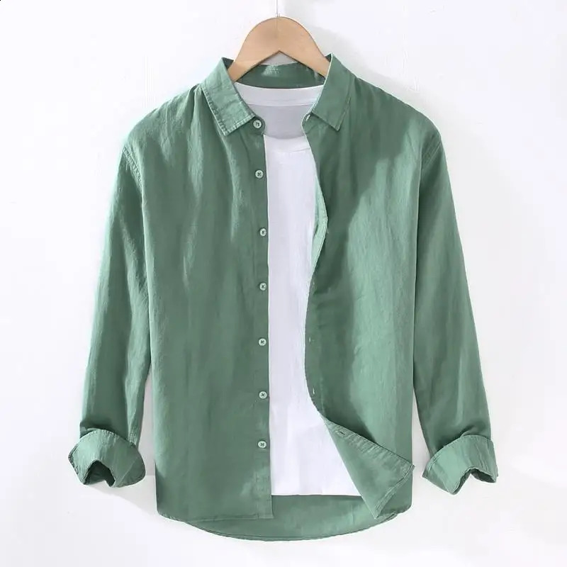 Linear Long-sleeved Mens Japanese Casual Loose Cotton Linen Shirt Spring and Summer Outfit Inch Shirt 250411