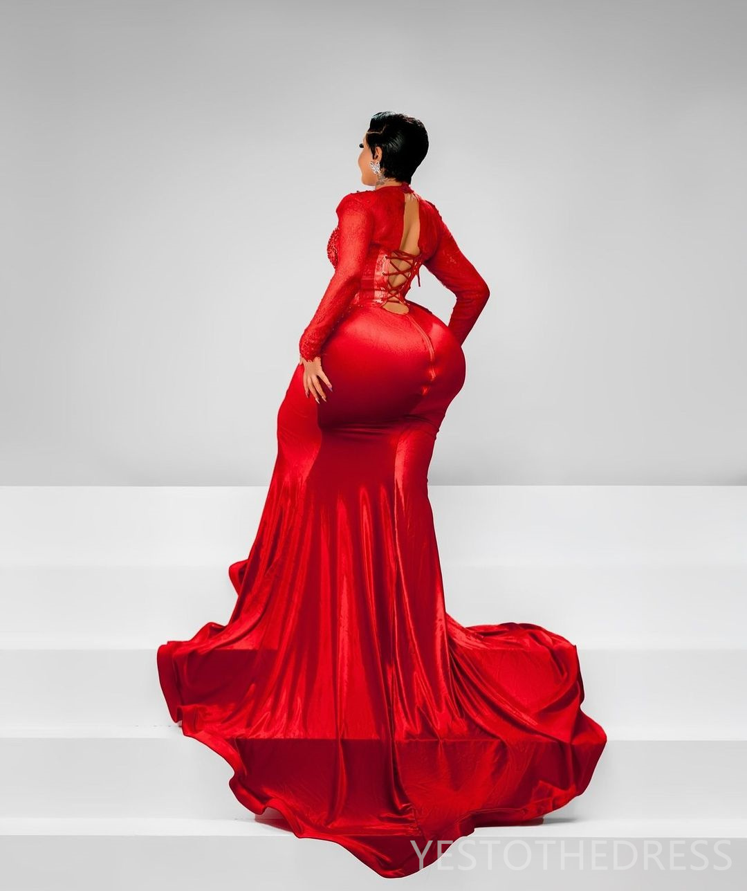 2025 Plus Size Red Prom Dress Mermaid Prom Dresses Evening Gowns For Special Occasions High Neck Rhinestones Beaded Lace Birthday Second Reception Gow