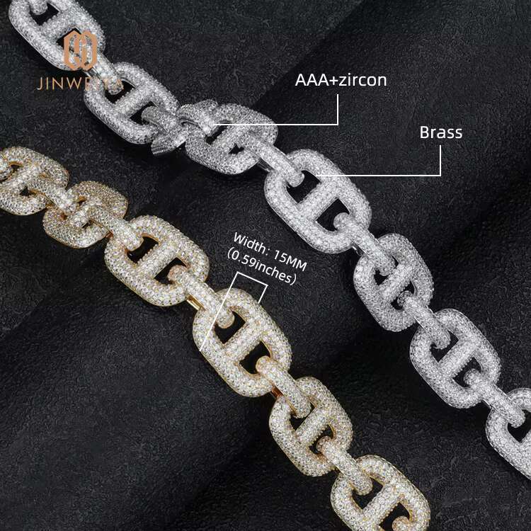Custom Luxury Copper Gold Plated Hip Hop Iced Out 15Mm Cuban Link Chain Necklace for Men