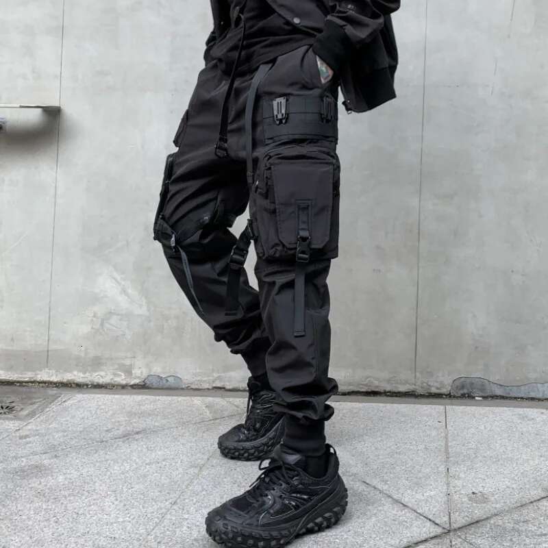 Multi-pockets Ribbons Bandage Tactical Techwear Cargo Pants Mens Haruku Punk Hip Hop Joggers Pantalons Casual Streetwear