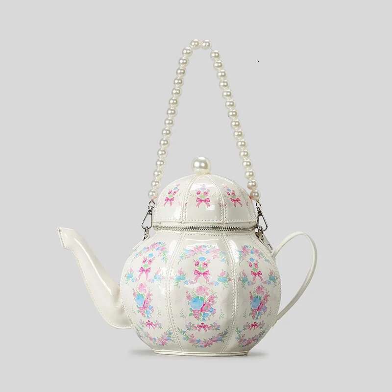 Creative Vintage Printed Teapot Design Women Handbags Pearls Chains Shoulder Designer Crossbody Small Buckets Bag