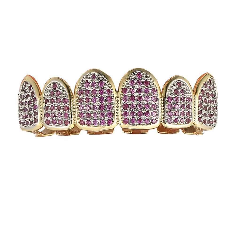 Hiphop Iced Out Rose Red 5A Zirconia Teeth Grillz for Neutral Rap Singer Mouth Gold Silver Cube Zirconia Teeth Grills 6/6 Top Bottom W250412