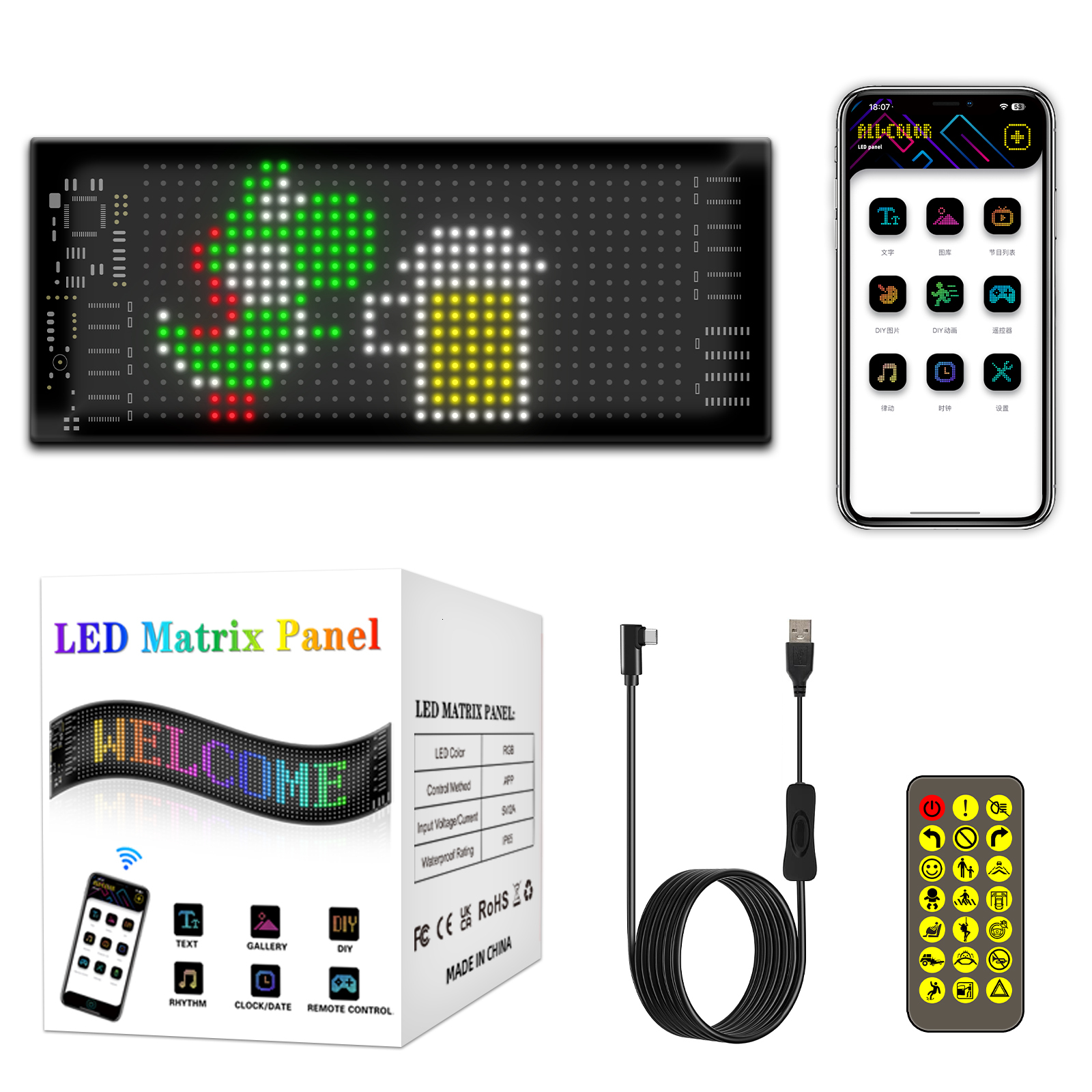 LED Sign for Car, 7''x3'' Flexible USB 5V Digital Sign, Programmable LED Sign, App Control Custom Text Pattern Animation for Store