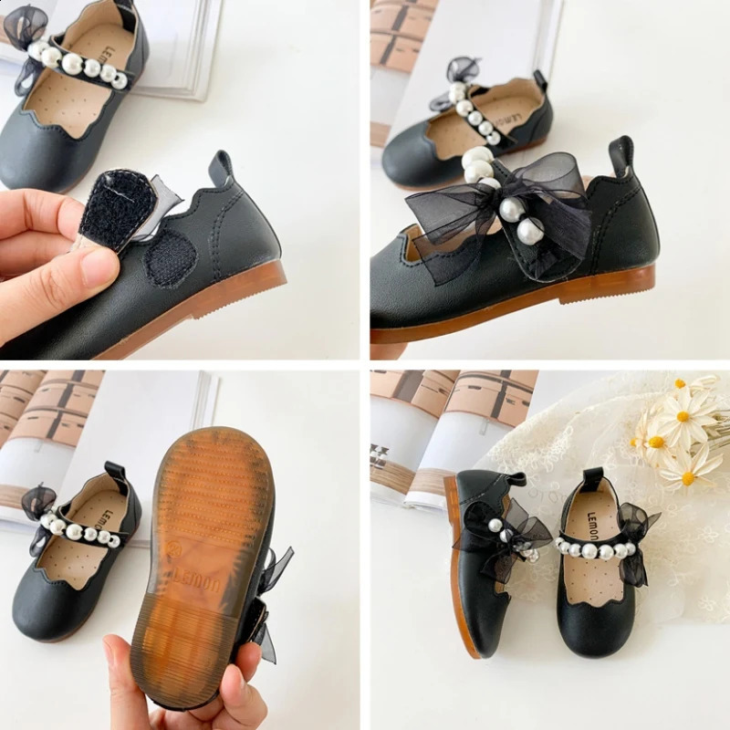 Girls pearl mesh bow soft soled flat shoes for babies breathable and anti slip princess single shoes for children aged 1-8 250411