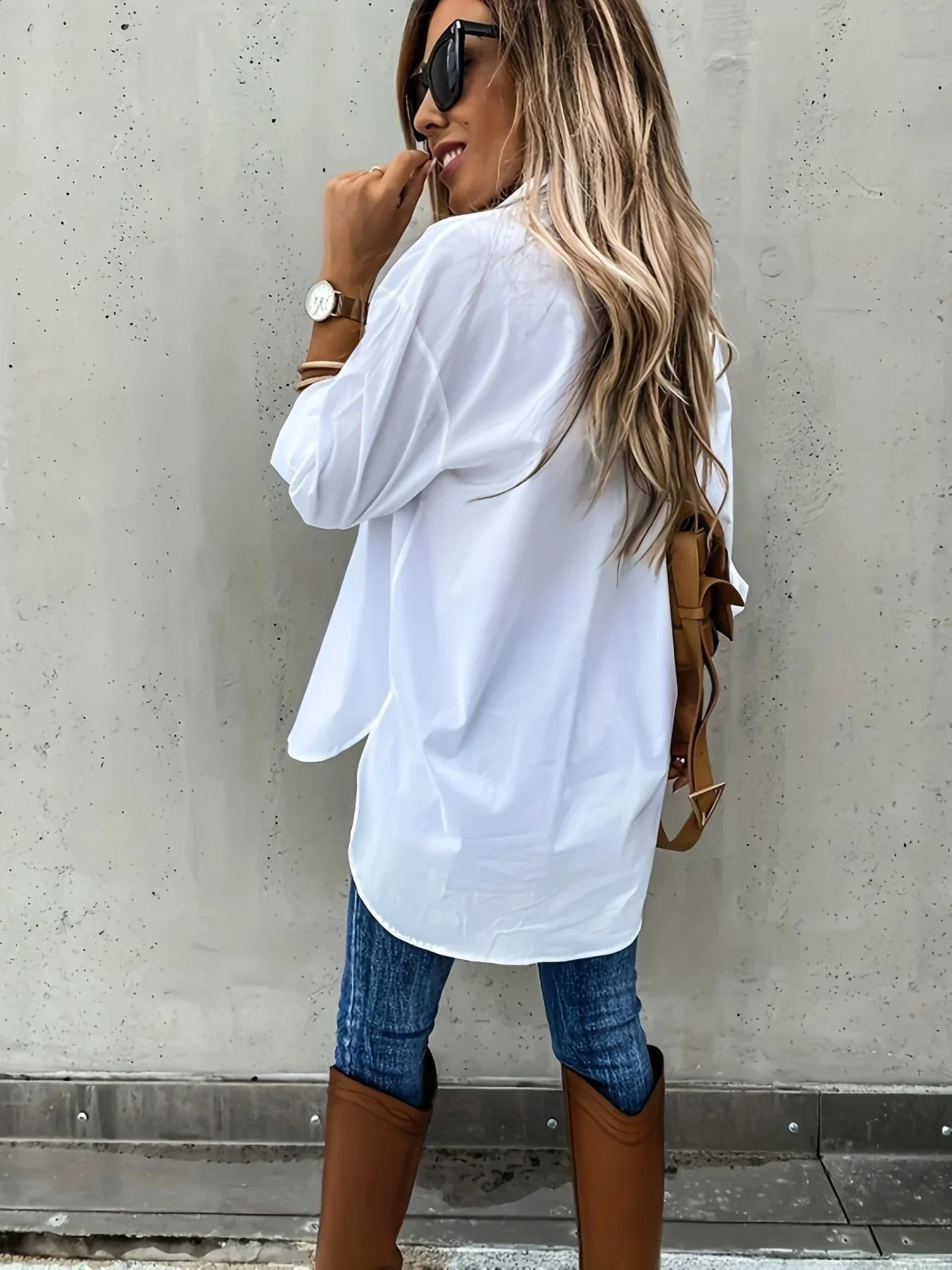 Fashion Plus Size Womens Versatile Solid Color Shirt Lapel Pocket Decoration Shirt Casual Loose and Simple Long Sleeved Shirt 250411