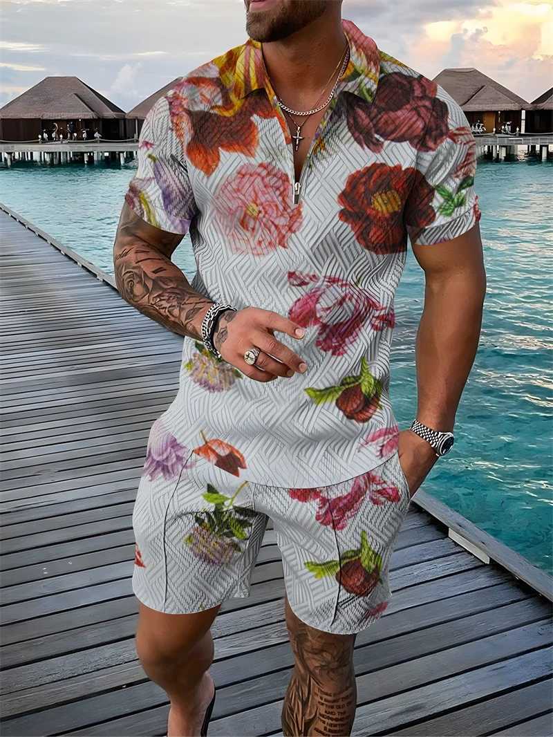 Flower 3D printed polo shirt shorts set mens fashion flower oversized short sleeved shirt pants set mens sportswear setXJ250412