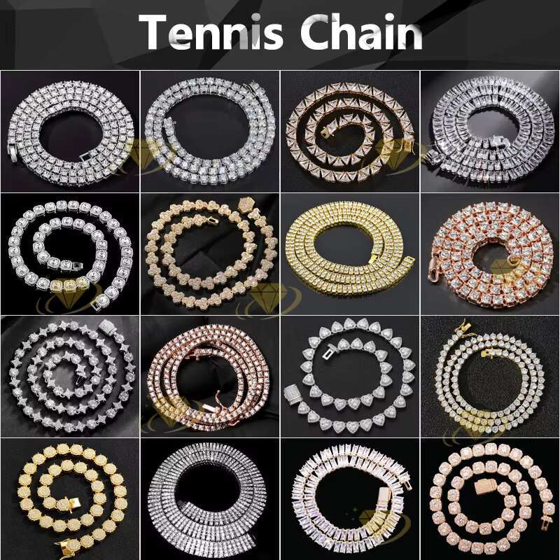 Wholesale 14k 18k Yellow Gold Plated Vvs Moissanite Diamond Tennis Chain Necklace 3mm 4mm 5mm Silver Fine Jewelry Bracelet Men