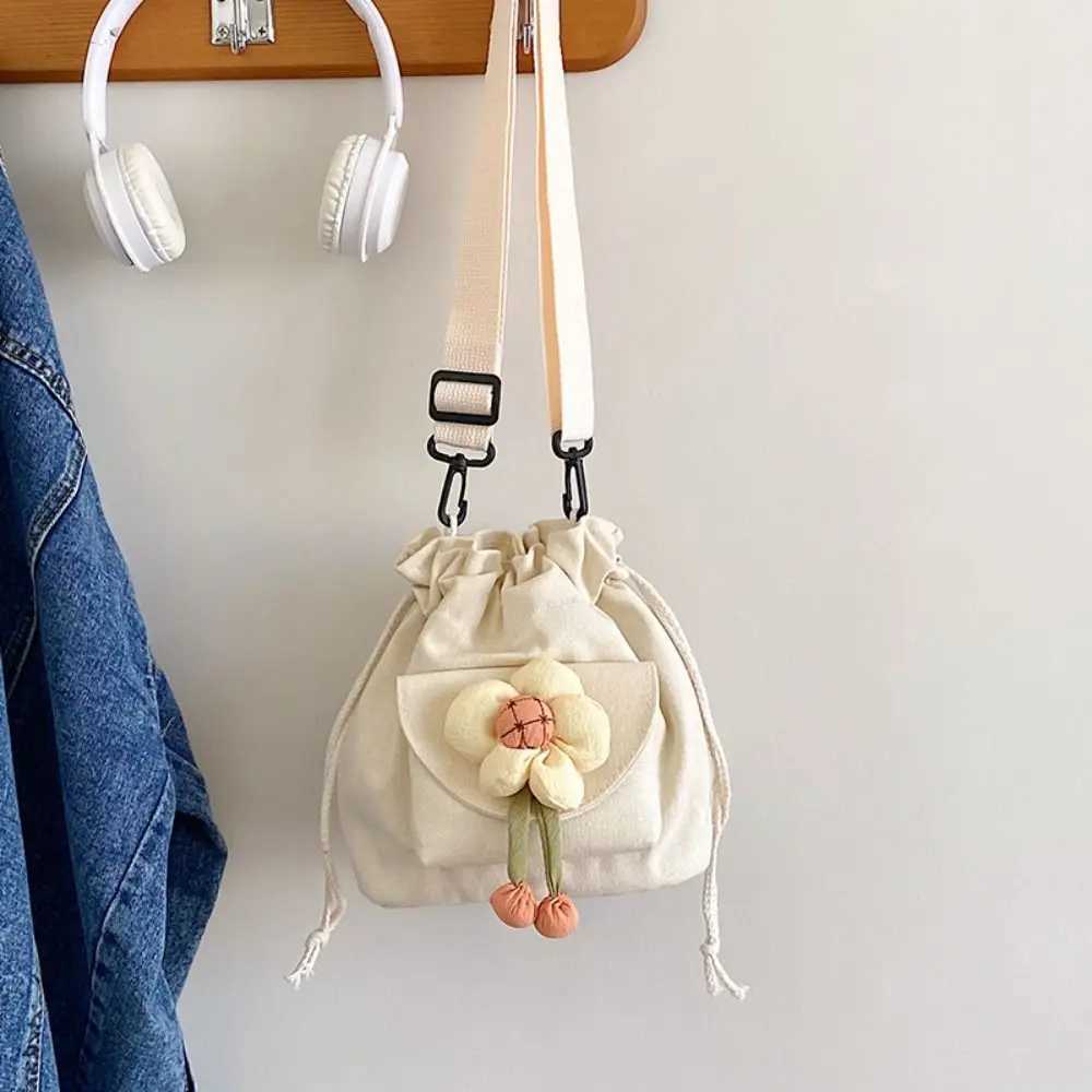 Canvas+Polyester Canvas Bucket Bag Drstring Bucket Flower Versatile Armpit Bag Japanese Style Drstring Shoulder BagXJ250412