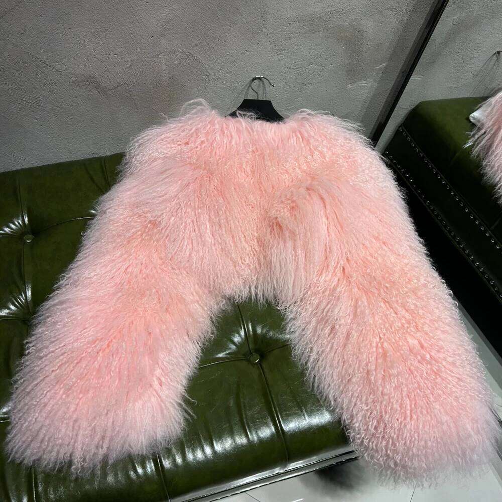 Designer Clothes Pink Cropped Mongolian Warm Curly Jacket Winter Natural Sheep Fur Coat Hot Selling