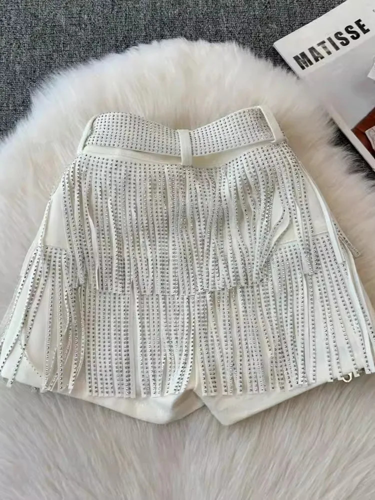 Fashion Y2k Tassel Shorts Black Diamond Korean Sexy High Waist Trendy Party Night Shop Costume Dance Pants Women 250411
