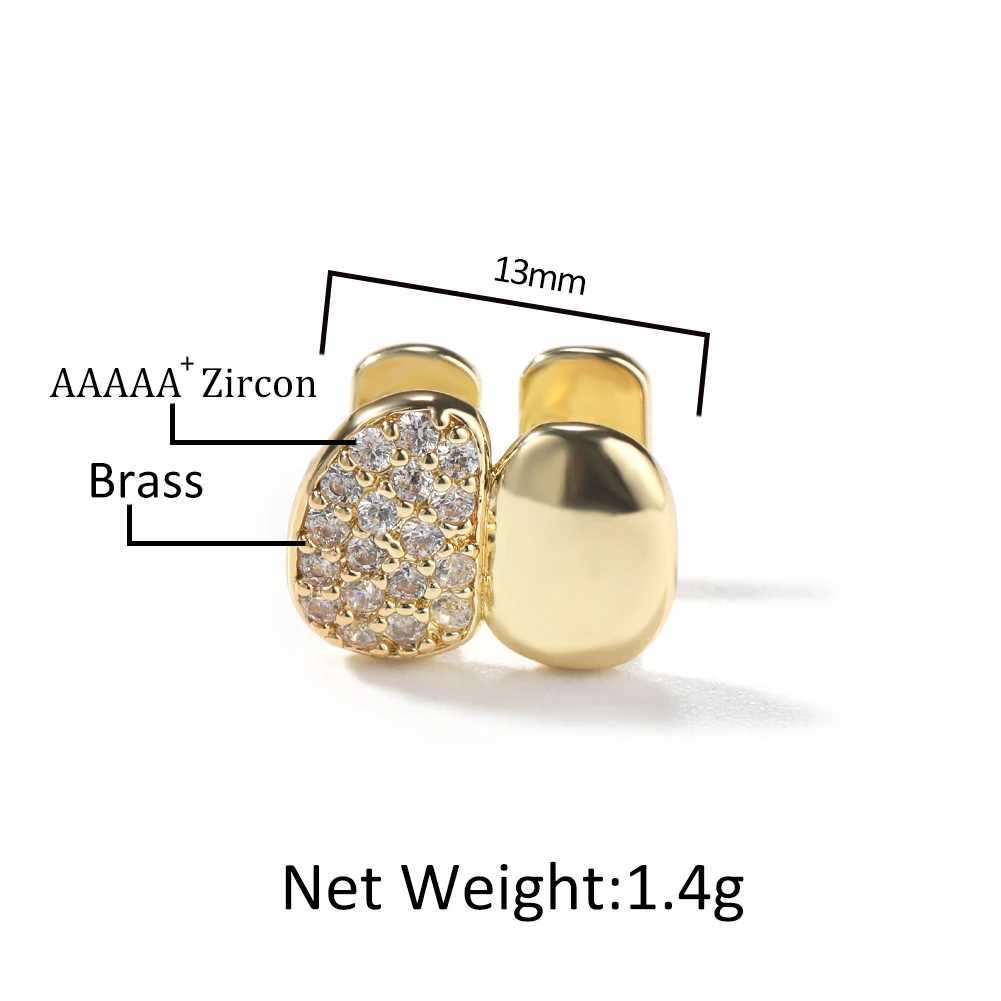 BLING KING Iced Out Double Hat Grillz Half CZ Design 14K Gold Plated Dental Grills Canine Regular Double Teeth Top or Bottom W250412