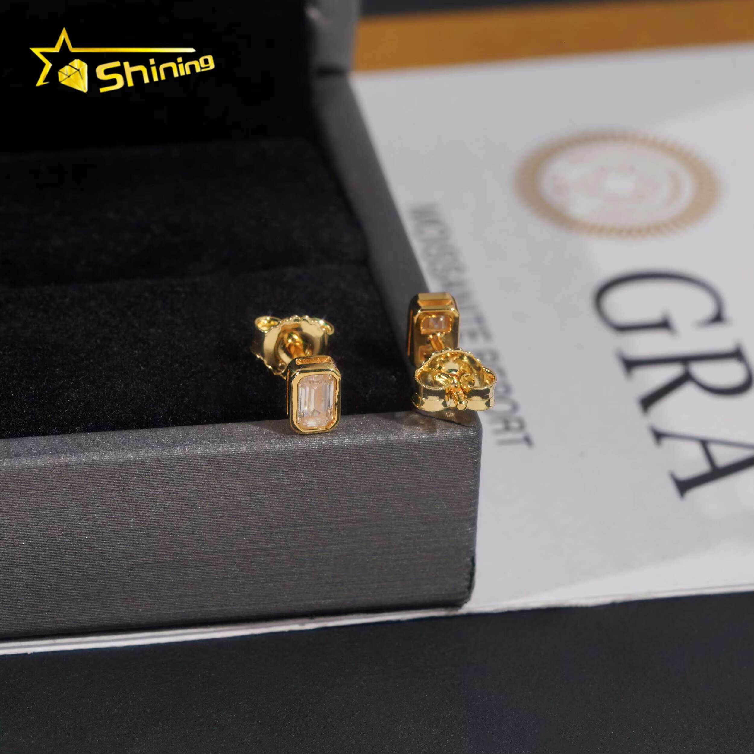 New Arrival Hip Hop Gold Plated Bezel Setting Emerald Cut Moissanite 925 Silver VVS Diamond Earrings