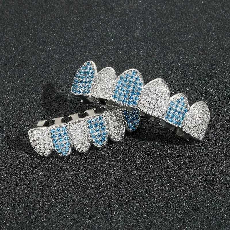 HipHop CZ Tooth Set Neutral Blue Zircon Top Bottom Gold Silver Tooth Cap Removable Teeth Fashion Jewelry W250412