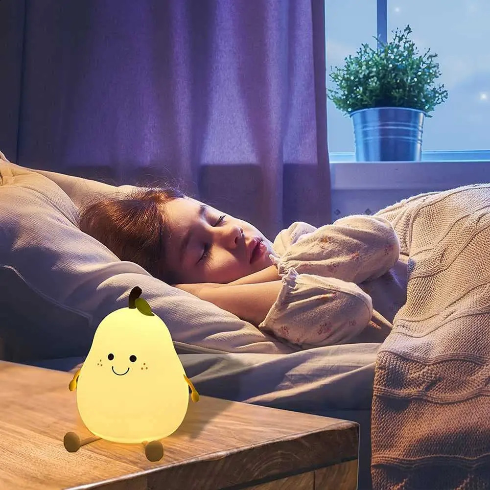 Childrens night light pear shaped cute silicone night light 7-color dimmable night light USB charging bedroom 250411