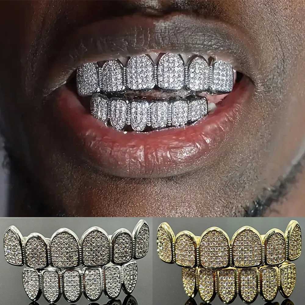 YONGX Hip Hop All Ice CZ Stone Tooth Hat Bracket Top Bottom Gold Silver Shining Zirconia Stone Tooth Grill Body Jewelry W250412