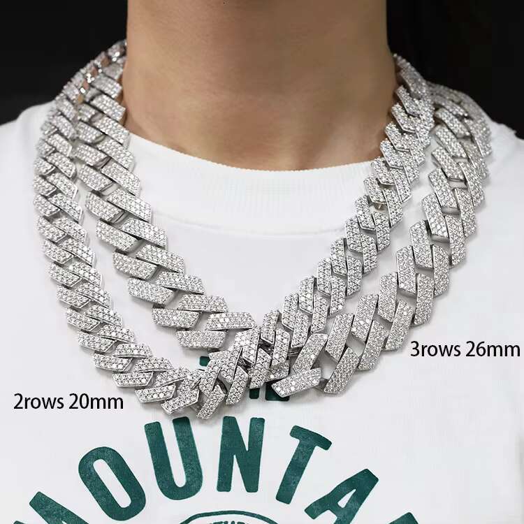 Moissanite Cuban Chain Multiple Size 2rows Cuban Necklace Hip Hop Stylish Bling 925 Silver Moissanite Cuban Link