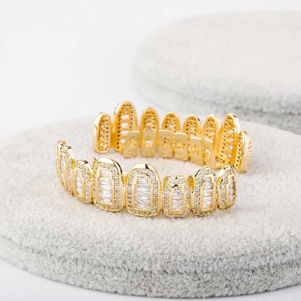 TOPGRILLZ Ice Sparkling Baguette Round Polyester CZ Tooth Matte 8 Top 8 Bottom Teeth Set Vampire Matte Mouth Jewelry W250412