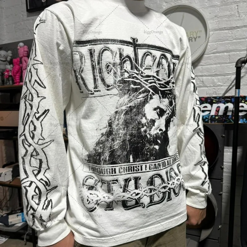 European and American Harajuku Retro Streetwear Gothic Punk Style Letter Print Long-sleeved Men Hip-hop Trend Oversized T-shirt 250411