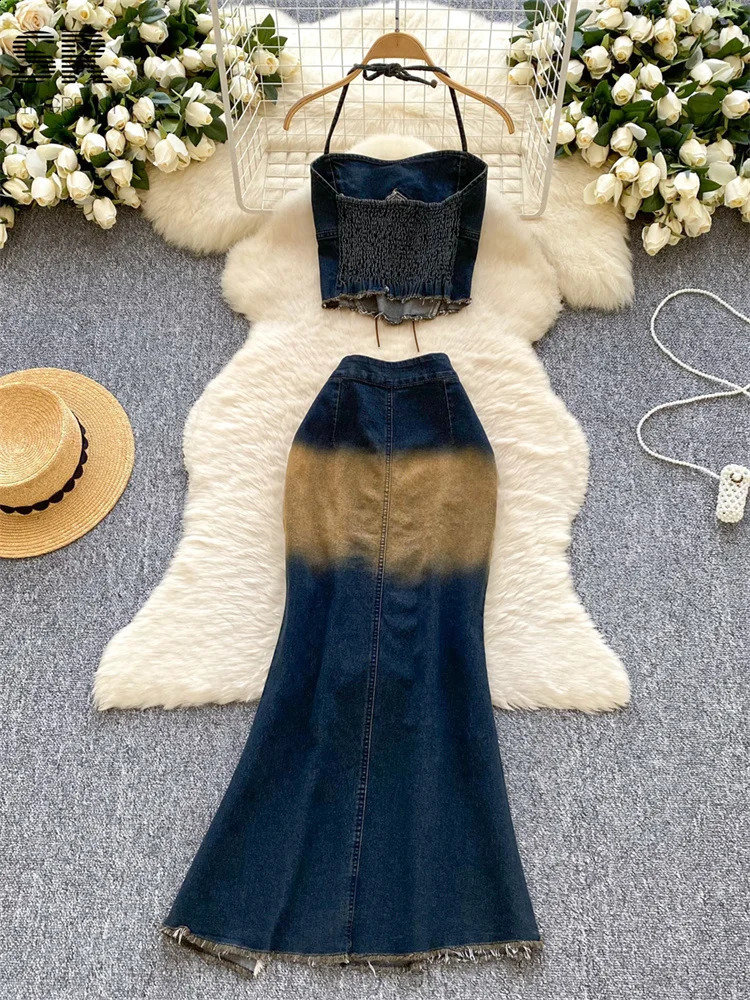 SINGREINY Gradient 2pcs Suit Ladies Lace Up Ruched Halter TopsSplit Zipper Skirt Women Fashion High Quality Sexy Denim Sets 250411
