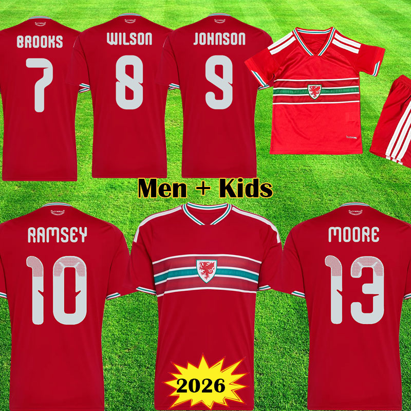 2026 Wales Soccer Jerseys JOHNSON Football Shirts WILSON 26 27 Wales National Team Kits MOORE Camiseta De Futbol JOHNSON Men Kids Kit uniforms 999