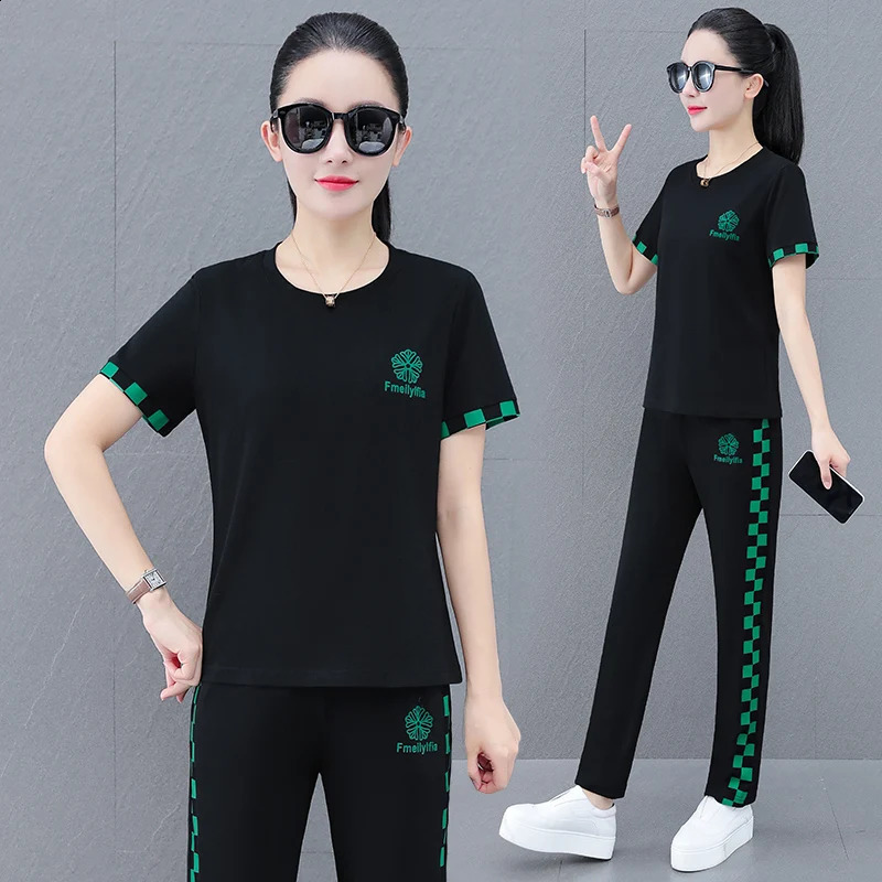 Summer Woman Trouser Sets Solid O Neck Short Sleeves T-Shirt Top Elastic Waist Pockets Female Loose Long Pant 250411