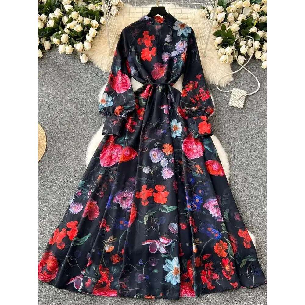 Autumn Bohemian wer Robe Dress Women's en Clothing Stand Collar Long Lantern Sleeve Lace Up Buttons Print Maxi Vestidos