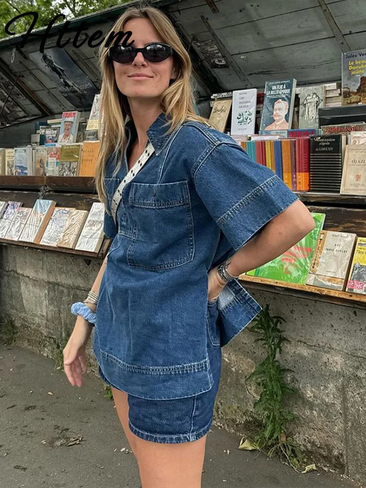 Street Denim Shirt Skirt Set Women Loose V-neck Short Sleeve Pocket Shirts Asymmetric Mini Skirts 2025 Spring Lady Outfits 250411
