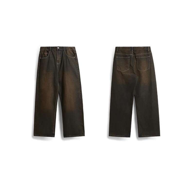 Sand Washed Wide Jeans Trendy Streetwear Loose Fit Straight Leg Denim Pants For Men