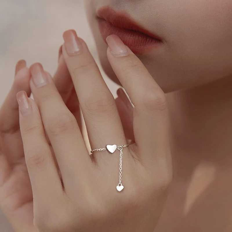 Simple heart-shaped tassel adjustable ring silver chain pendant ring romantic ring female finger jewelryXJ250412