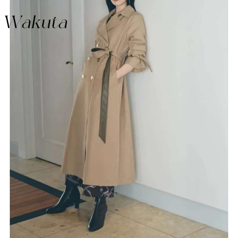 WAKUTA Japanese Elegant Lapel Long-Sleeved Belted Trench Coat Fashion Double-Breasted Belt PU Splicing Middle-Length Y2k Jackets