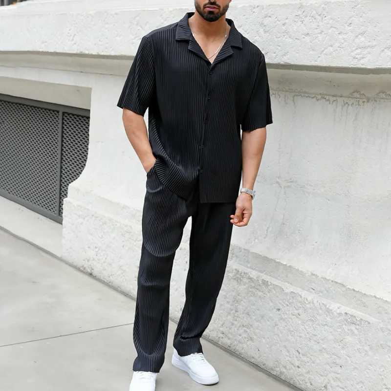 Summer fashion casual loose mens button up cardigan short sleeved pants set family vacation thin breathable quick drying 2-pack setXJ250412