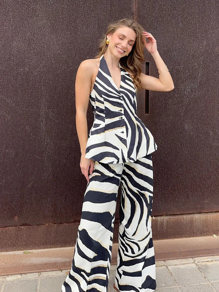 TRAFZA Women Pants Suit Fashion Zebra Stripes Single Breasted Sexy Sleeveless V-Neck TopHigh Waist Zipper Casual Wide Leg Pants 250411