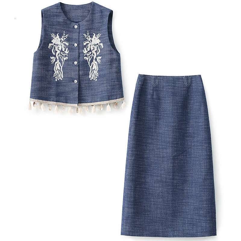 Elegant 2 Pieces Skirts For Women Outfit 2025 Summer New Embroidery Sleeveless Vest Tops And Long Skirt Two Piece Sets Slim