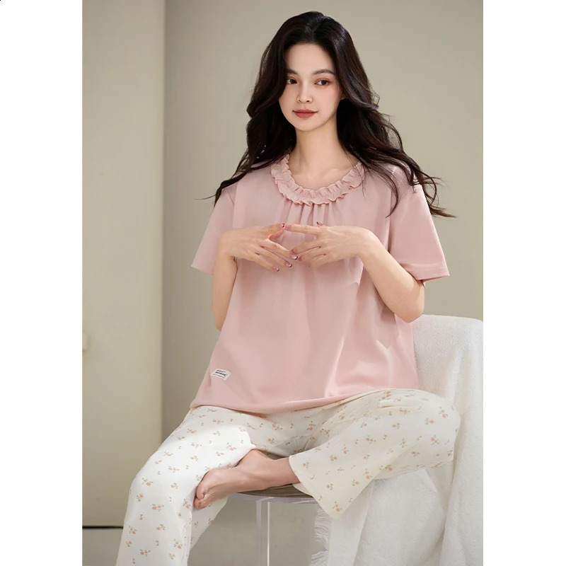 100% COTTON M-4XL Plus Size Summer Women Pajamas Anti-bacterial HQ Short Sleeves Long Bottoms Sleepwear Leisure Pjs 250411