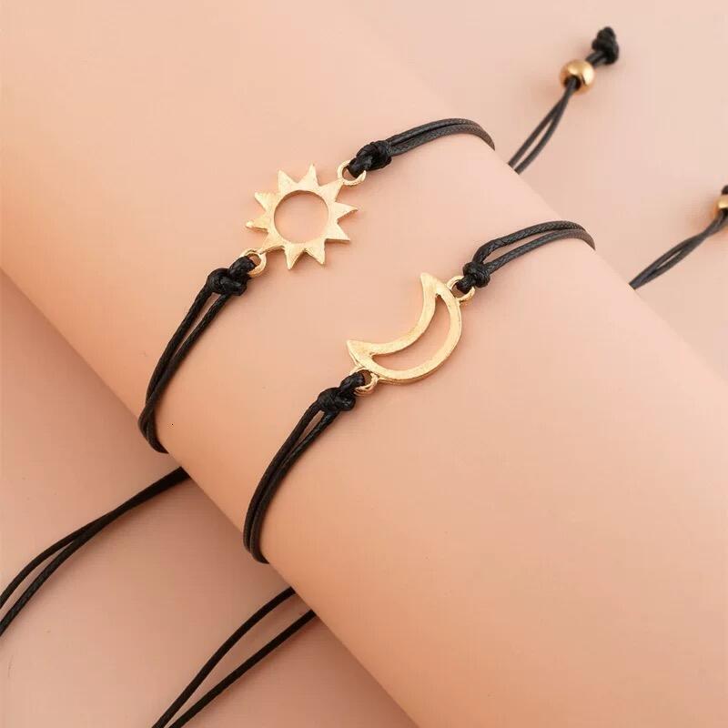 Friendship Bracelets - Adjustable Black Cord with Gold Sun and Sier Moon Charms