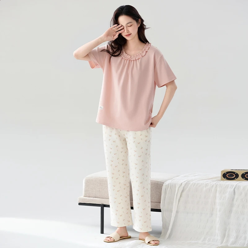 100% COTTON M-4XL Plus Size Summer Women Pajamas Anti-bacterial HQ Short Sleeves Long Bottoms Sleepwear Leisure Pjs 250411